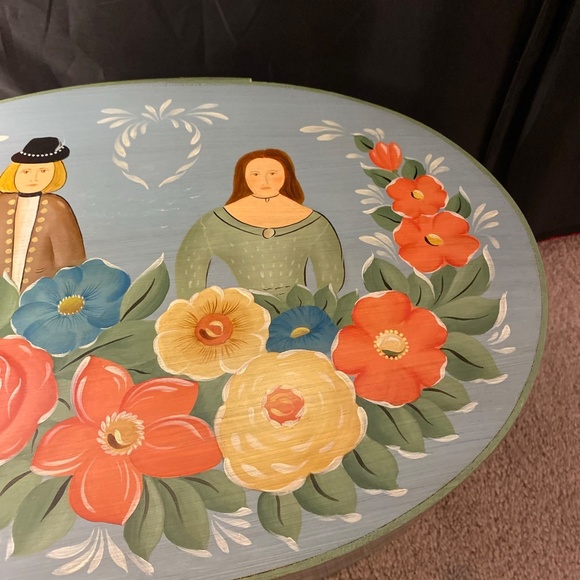 Vtg French Couple Oval Handpainted Folk Art Wooden bride box With Cover Marked - Picture 3 of 16